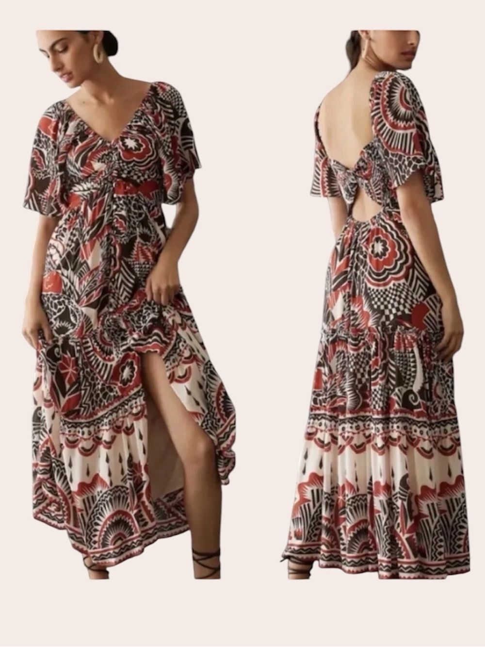By Anthropologie Tiered Cut Out Maxi Dress Earth Tones Open Back Small
